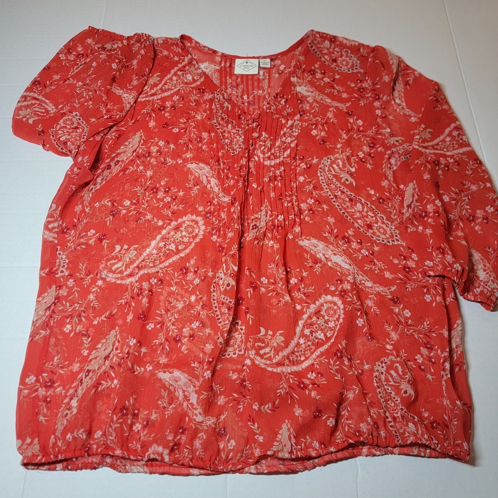 St Johns Bay Womens Pullover Sheer Top Red Floral Paisley Print Size 1X